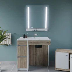 Cuisibane Meuble salle de bain PMR ANDY PLUS 90 cm bois et blanc + miroir Rota Plus