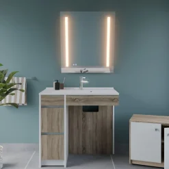 Cuisibane Meuble salle de bain PMR ANDY PLUS 90 cm bois et blanc + miroir Rota Plus
