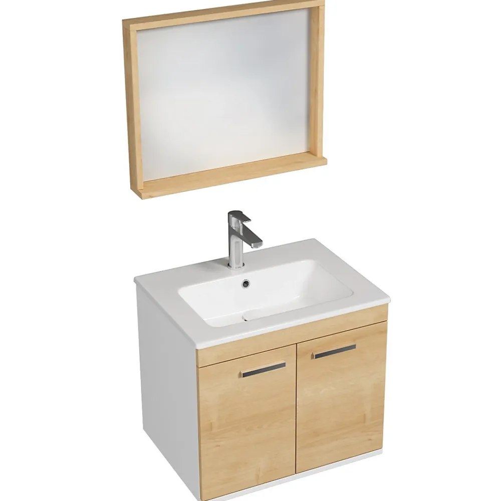 Ensemble Meuble De Salle De Bains|Saniverre Meuble salle de bain RUBITE simple vasque 2 portes Chêne clair L. 60 cm + miroir cadre -