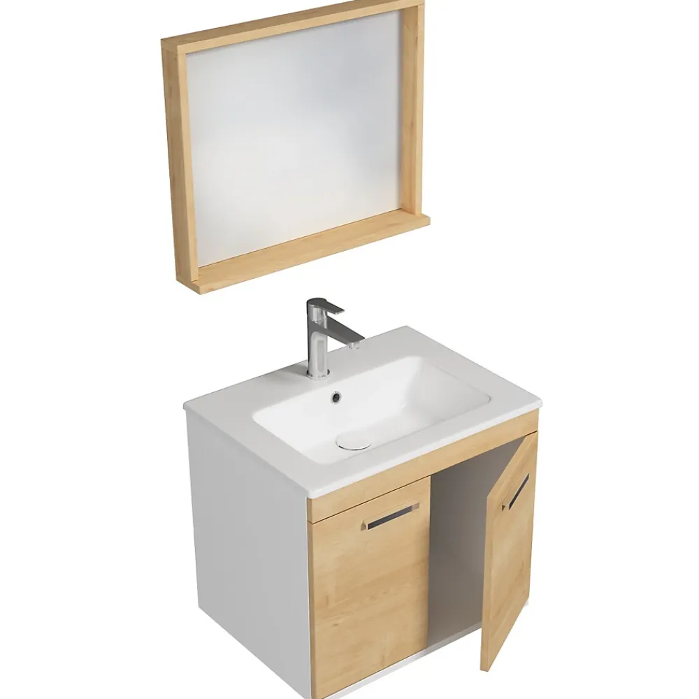 Ensemble Meuble De Salle De Bains|Saniverre Meuble salle de bain RUBITE simple vasque 2 portes Chêne clair L. 60 cm + miroir cadre -