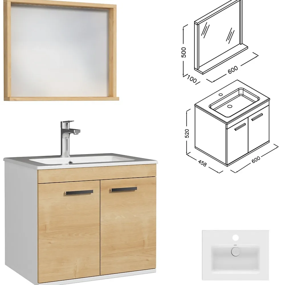 Ensemble Meuble De Salle De Bains|Saniverre Meuble salle de bain RUBITE simple vasque 2 portes Chêne clair L. 60 cm + miroir cadre -