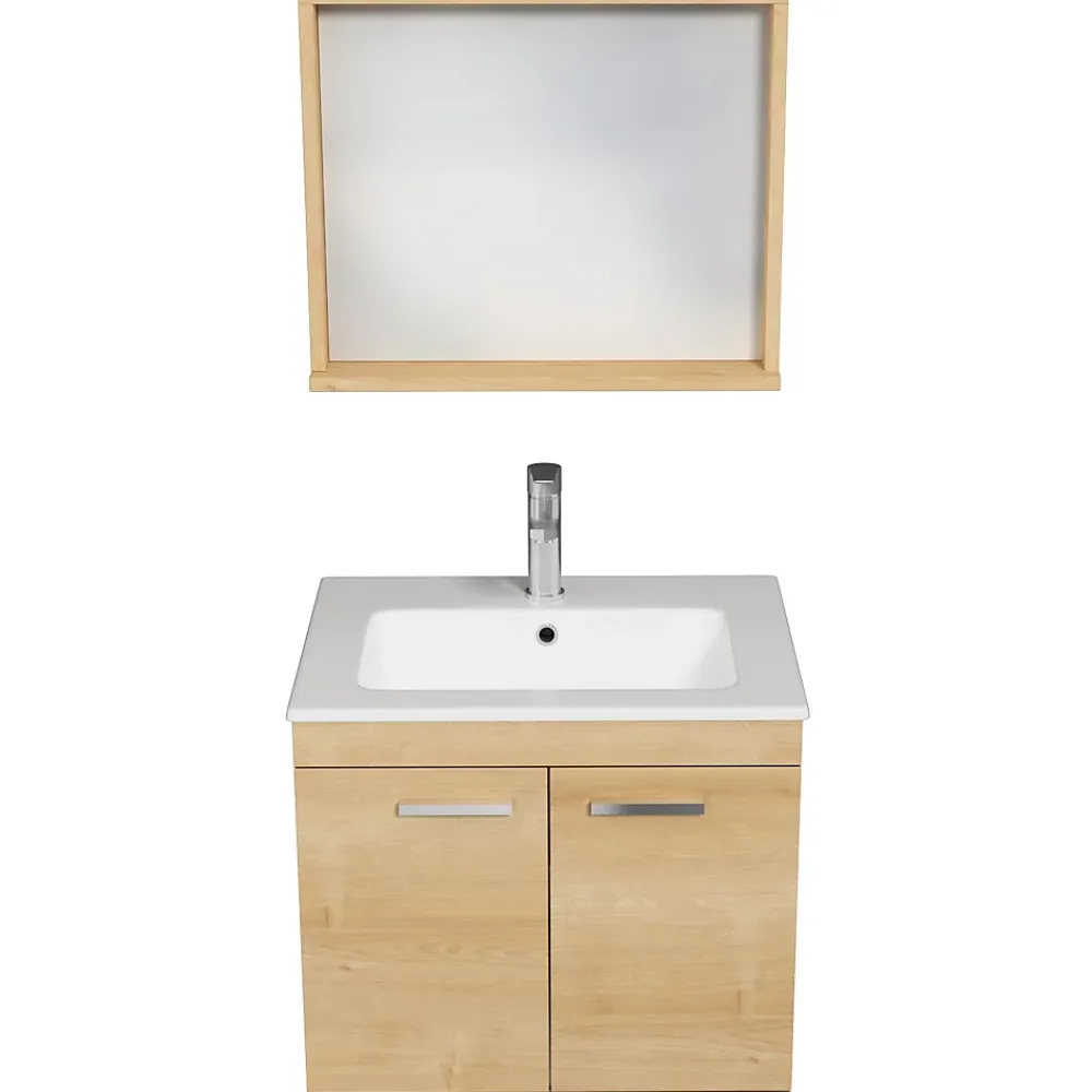 Ensemble Meuble De Salle De Bains|Saniverre Meuble salle de bain RUBITE simple vasque 2 portes Chêne clair L. 60 cm + miroir cadre -