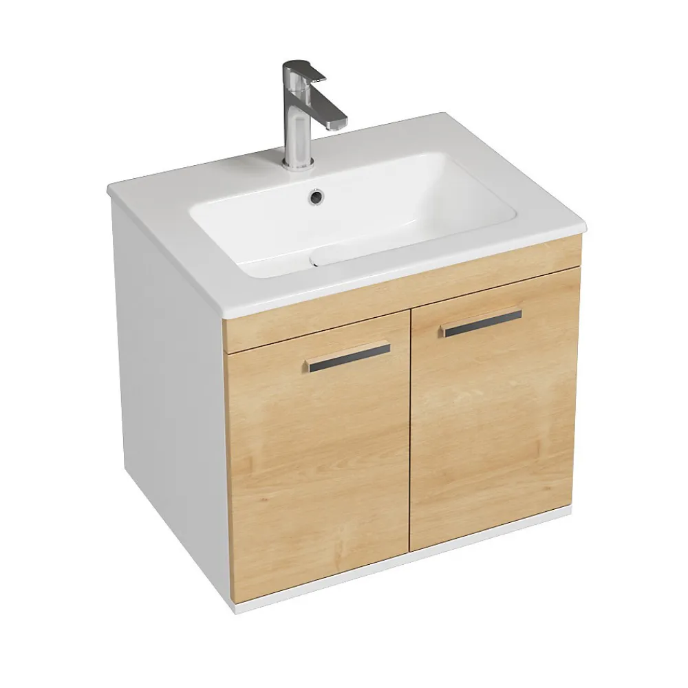 Ensemble Meuble De Salle De Bains|Saniverre Meuble salle de bain RUBITE simple vasque 2 portes Chêne clair L. 60 cm + miroir cadre -