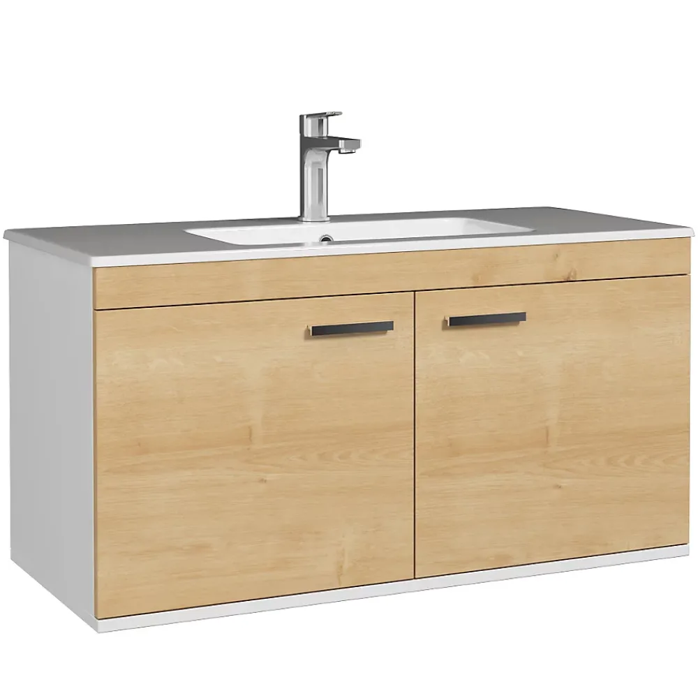 Saniverre Meuble salle de bain RUBITE simple vasque 2 portes Chêne clair L. 100 cm -
