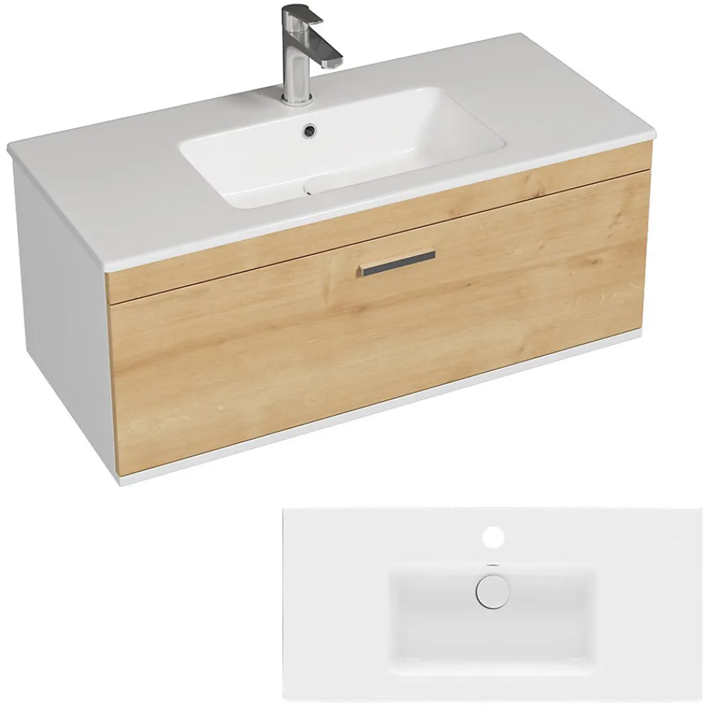 Saniverre Meuble salle de bain RUBITE simple vasque 2 portes Chêne clair L. 100 cm -
