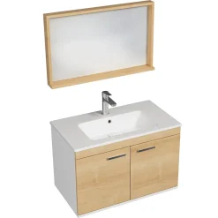 Ensemble Meuble De Salle De Bains|Saniverre Meuble salle de bain RUBITE simple vasque 2 portes Chêne clair L. 80 cm + miroir cadre -