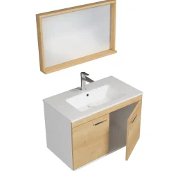 Ensemble Meuble De Salle De Bains|Saniverre Meuble salle de bain RUBITE simple vasque 2 portes Chêne clair L. 80 cm + miroir cadre -