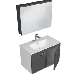 Ensemble Meuble De Salle De Bains|Saniverre Meuble salle de bain RUBITE simple vasque 2 portes Gris anthracite L. 80 cm + miroir armoire -
