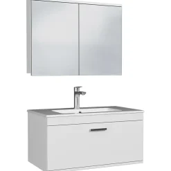 Saniverre Meuble salle de bain simple vasque RUBITE 1 tiroir Blanc L. 80 cm + miroir armoire -