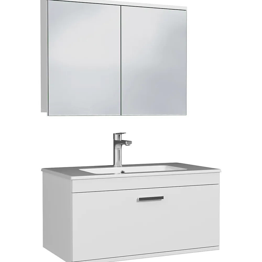 Saniverre Meuble salle de bain simple vasque RUBITE 1 tiroir Blanc L. 80 cm + miroir armoire -