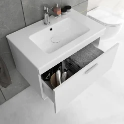 Saniverre Meuble salle de bain simple vasque RUBITE 1 tiroir Blanc L. 80 cm + miroir armoire -