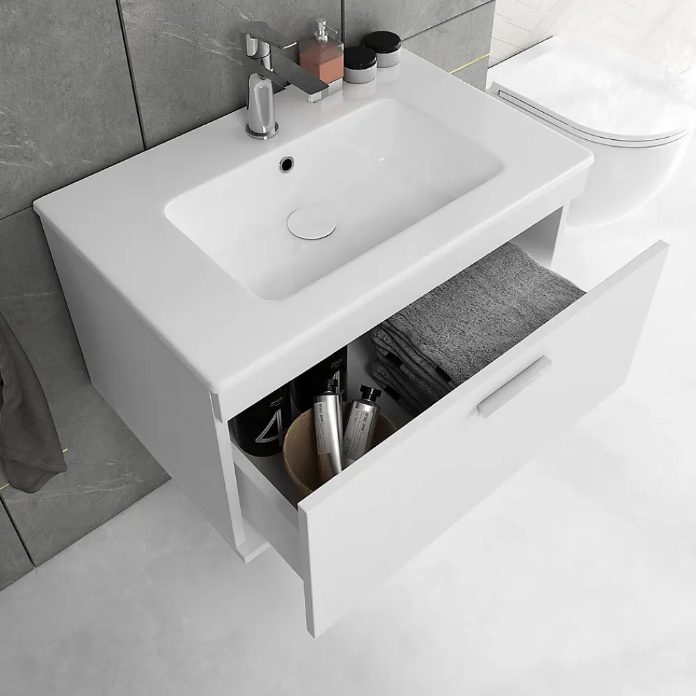Saniverre Meuble salle de bain simple vasque RUBITE 1 tiroir Blanc L. 80 cm + miroir armoire -
