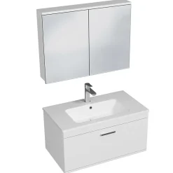 Saniverre Meuble salle de bain simple vasque RUBITE 1 tiroir Blanc L. 80 cm + miroir armoire -