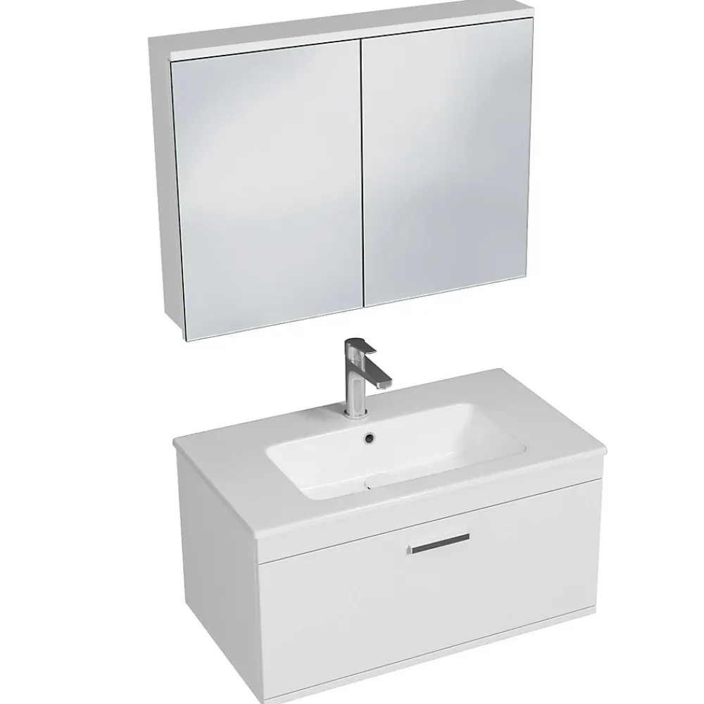Saniverre Meuble salle de bain simple vasque RUBITE 1 tiroir Blanc L. 80 cm + miroir armoire -