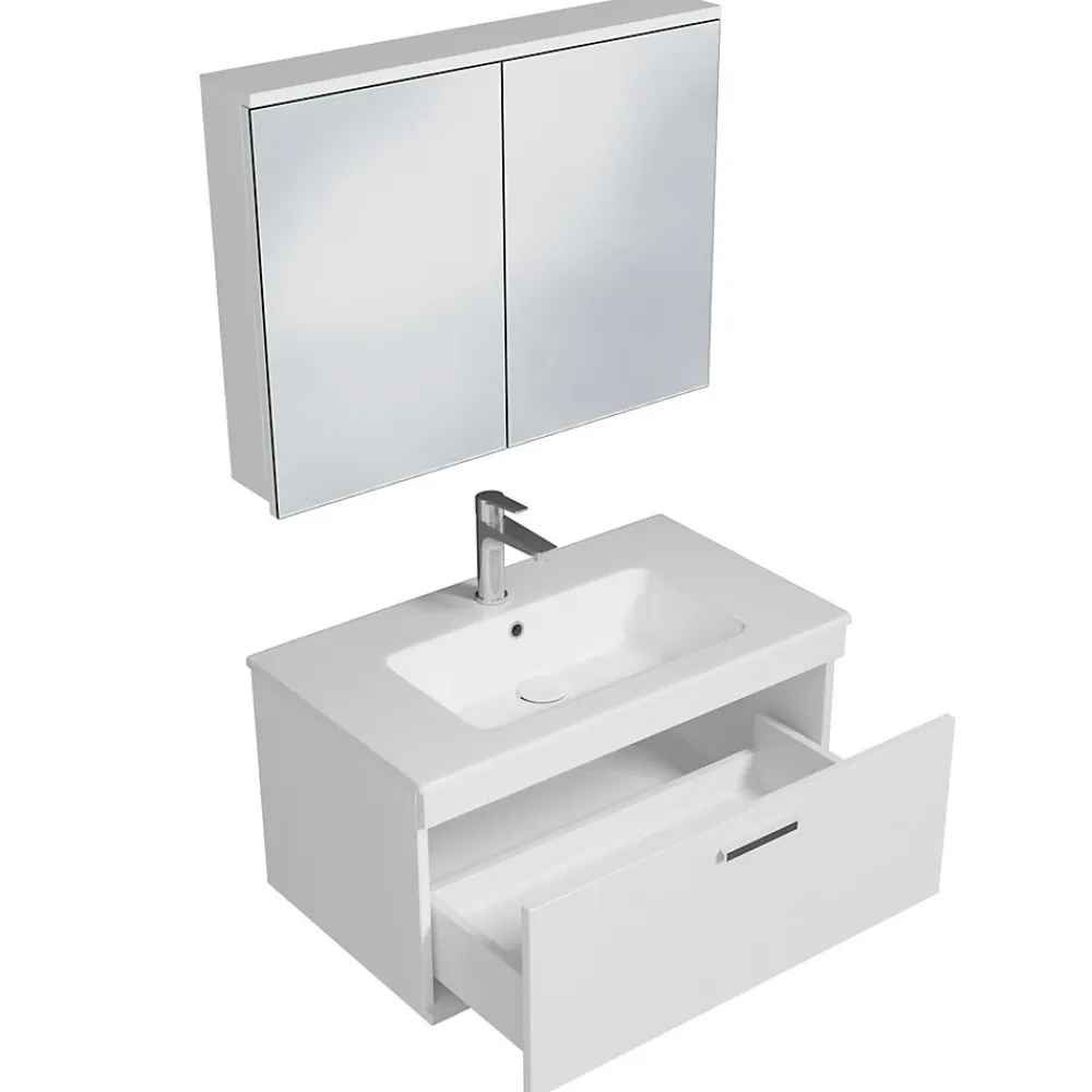Saniverre Meuble salle de bain simple vasque RUBITE 1 tiroir Blanc L. 80 cm + miroir armoire -
