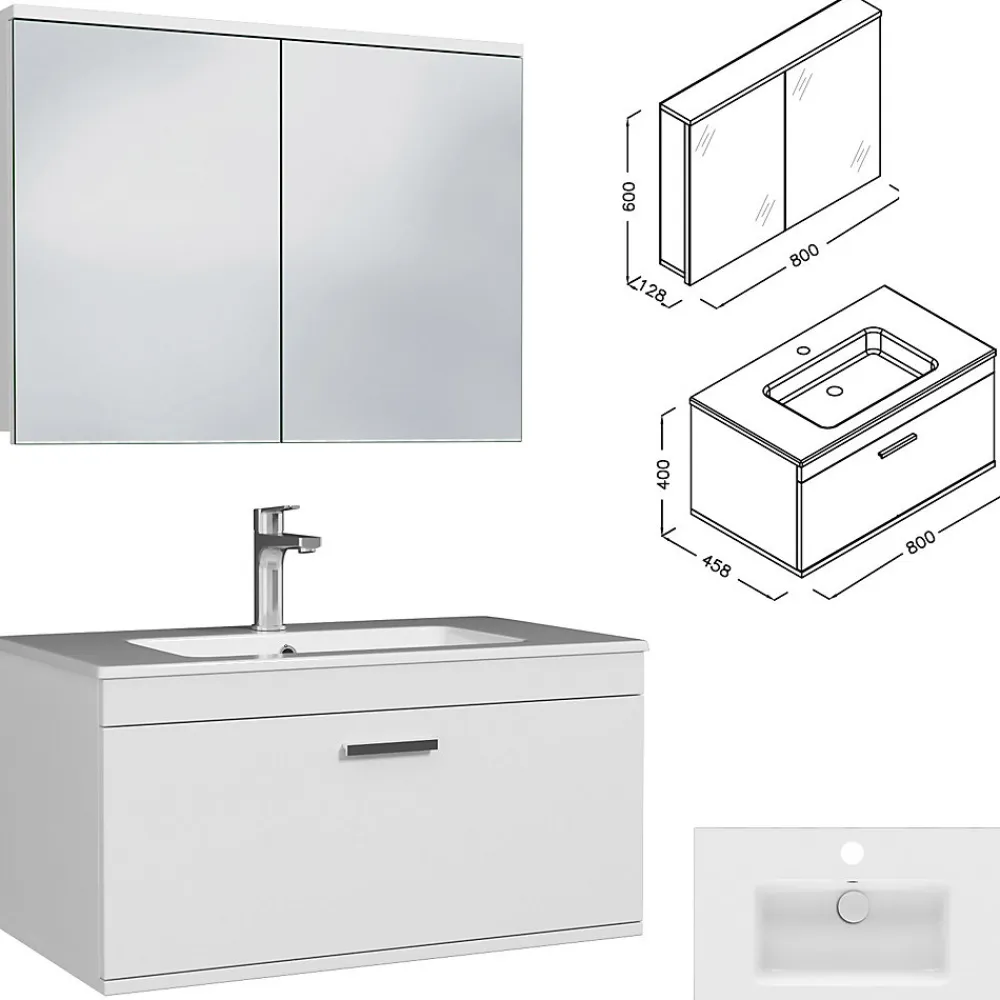 Saniverre Meuble salle de bain simple vasque RUBITE 1 tiroir Blanc L. 80 cm + miroir armoire -