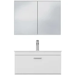Saniverre Meuble salle de bain simple vasque RUBITE 1 tiroir Blanc L. 80 cm + miroir armoire -