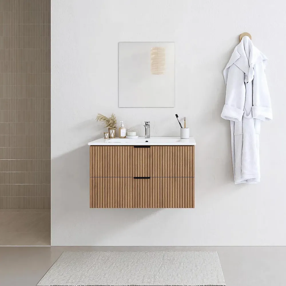 Ensemble Meuble De Salle De Bains|Aurlane Meuble salle de bain simple vasque 60cm bois MDF ondulé