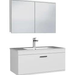 Ensemble Meuble De Salle De Bains|Saniverre Meuble salle de bain simple vasque RUBITE 1 tiroir Blanc L. 90 cm + miroir armoire -
