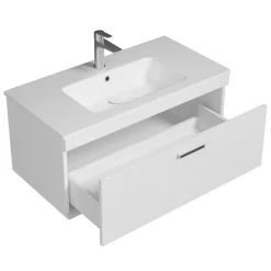 Ensemble Meuble De Salle De Bains|Saniverre Meuble salle de bain simple vasque RUBITE 1 tiroir Blanc L. 90 cm + miroir armoire -
