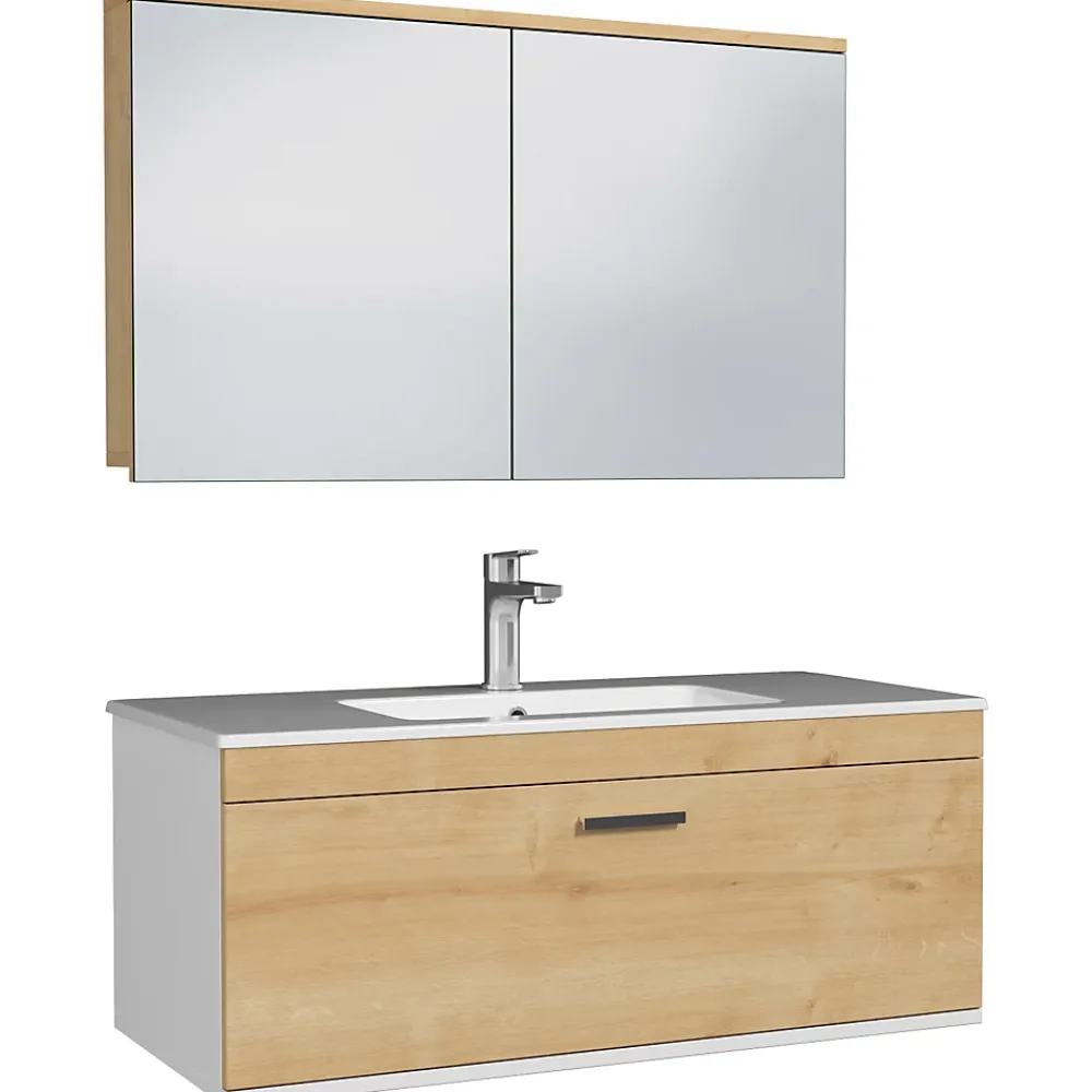 Saniverre Meuble salle de bain simple vasque RUBITE 1 tiroir Chêne clair L. 100 cm + miroir armoire -