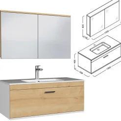 Saniverre Meuble salle de bain simple vasque RUBITE 1 tiroir Chêne clair L. 100 cm + miroir armoire -