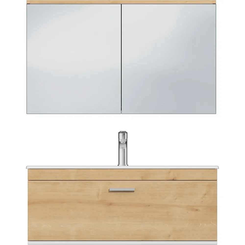 Saniverre Meuble salle de bain simple vasque RUBITE 1 tiroir Chêne clair L. 100 cm + miroir armoire -