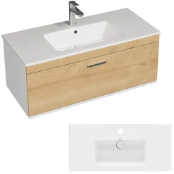 Saniverre Meuble salle de bain simple vasque RUBITE 1 tiroir Chêne clair L. 100 cm + miroir armoire -