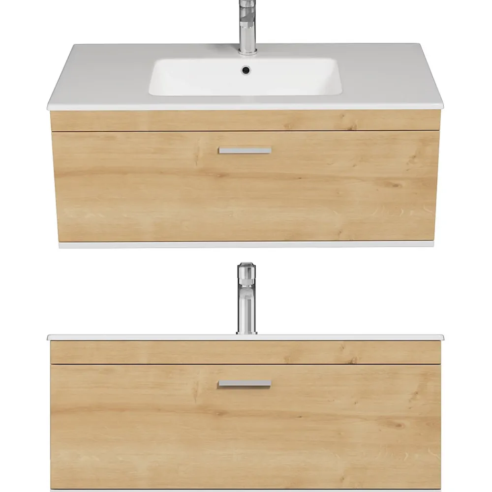 Saniverre Meuble salle de bain simple vasque RUBITE 1 tiroir Chêne clair L. 100 cm + miroir armoire -