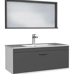 Saniverre Meuble salle de bain simple vasque RUBITE 1 tiroir Anthracite L. 100 cm + miroir cadre -