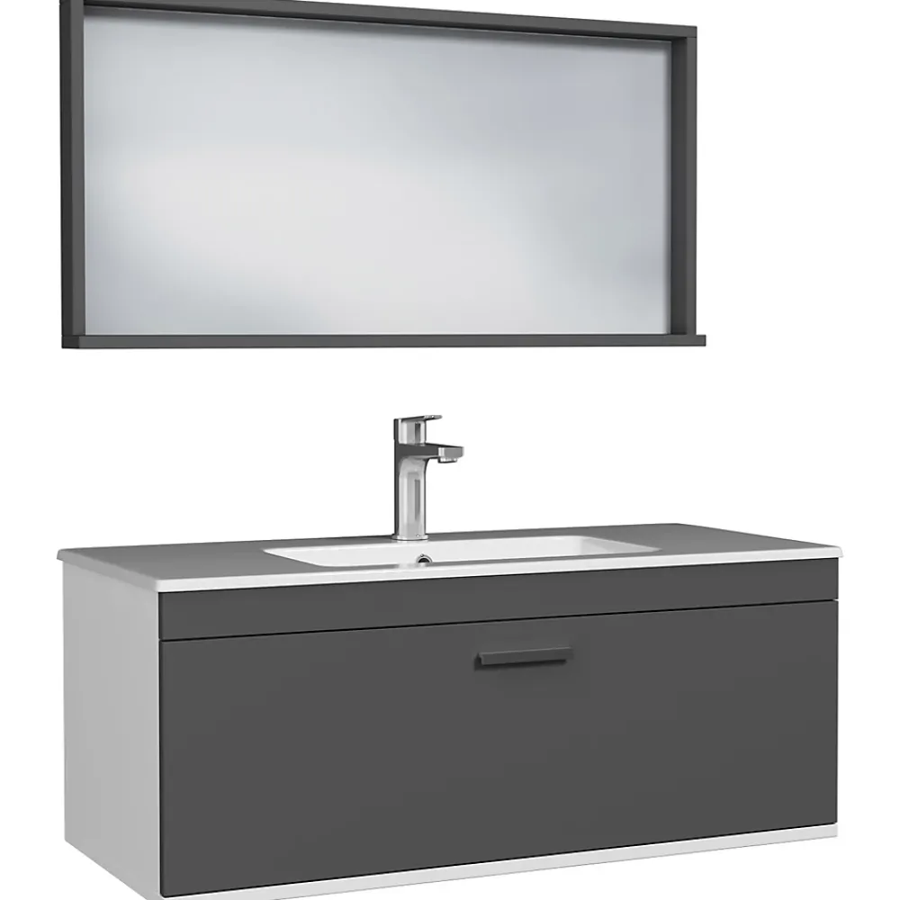 Saniverre Meuble salle de bain simple vasque RUBITE 1 tiroir Anthracite L. 100 cm + miroir cadre -