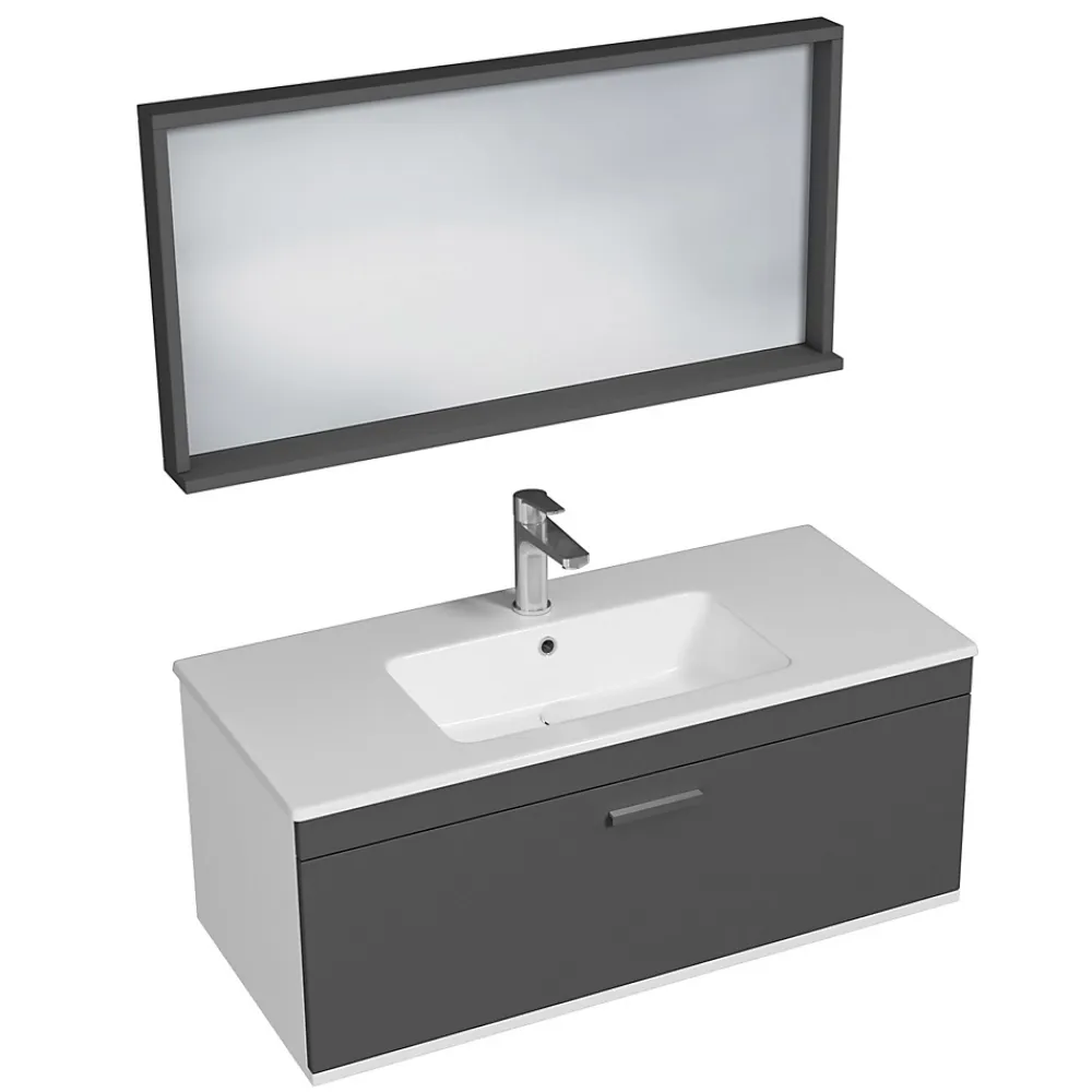 Saniverre Meuble salle de bain simple vasque RUBITE 1 tiroir Anthracite L. 100 cm + miroir cadre -