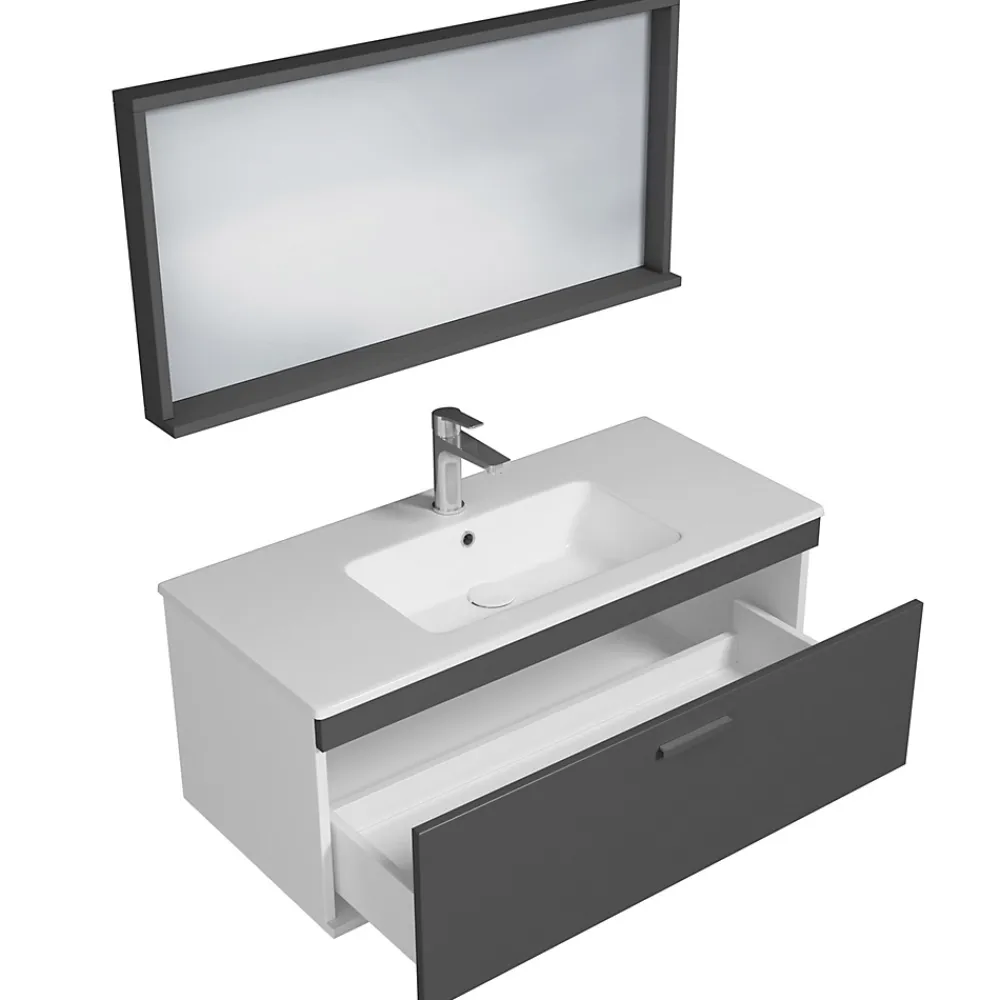 Saniverre Meuble salle de bain simple vasque RUBITE 1 tiroir Anthracite L. 100 cm + miroir cadre -