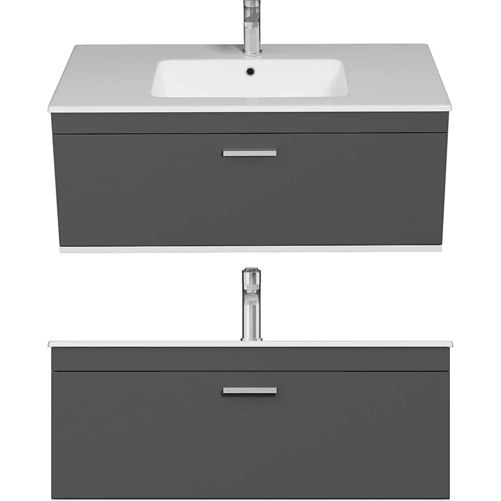 Saniverre Meuble salle de bain simple vasque RUBITE 1 tiroir Anthracite L. 100 cm + miroir cadre -
