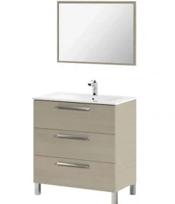 Pegane Meuble salle de bain sous vasque salle de bain avec 3 Tiroirs + 1 Miroir chêne clair - Longueur 80 x Profondeur 45 x Hauteur 86 cm