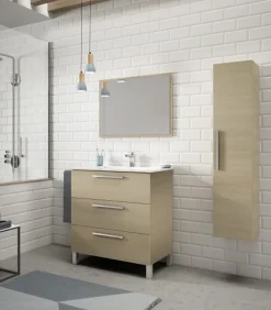 Pegane Meuble salle de bain sous vasque salle de bain avec 3 Tiroirs + 1 Miroir chêne clair - Longueur 80 x Profondeur 45 x Hauteur 86 cm