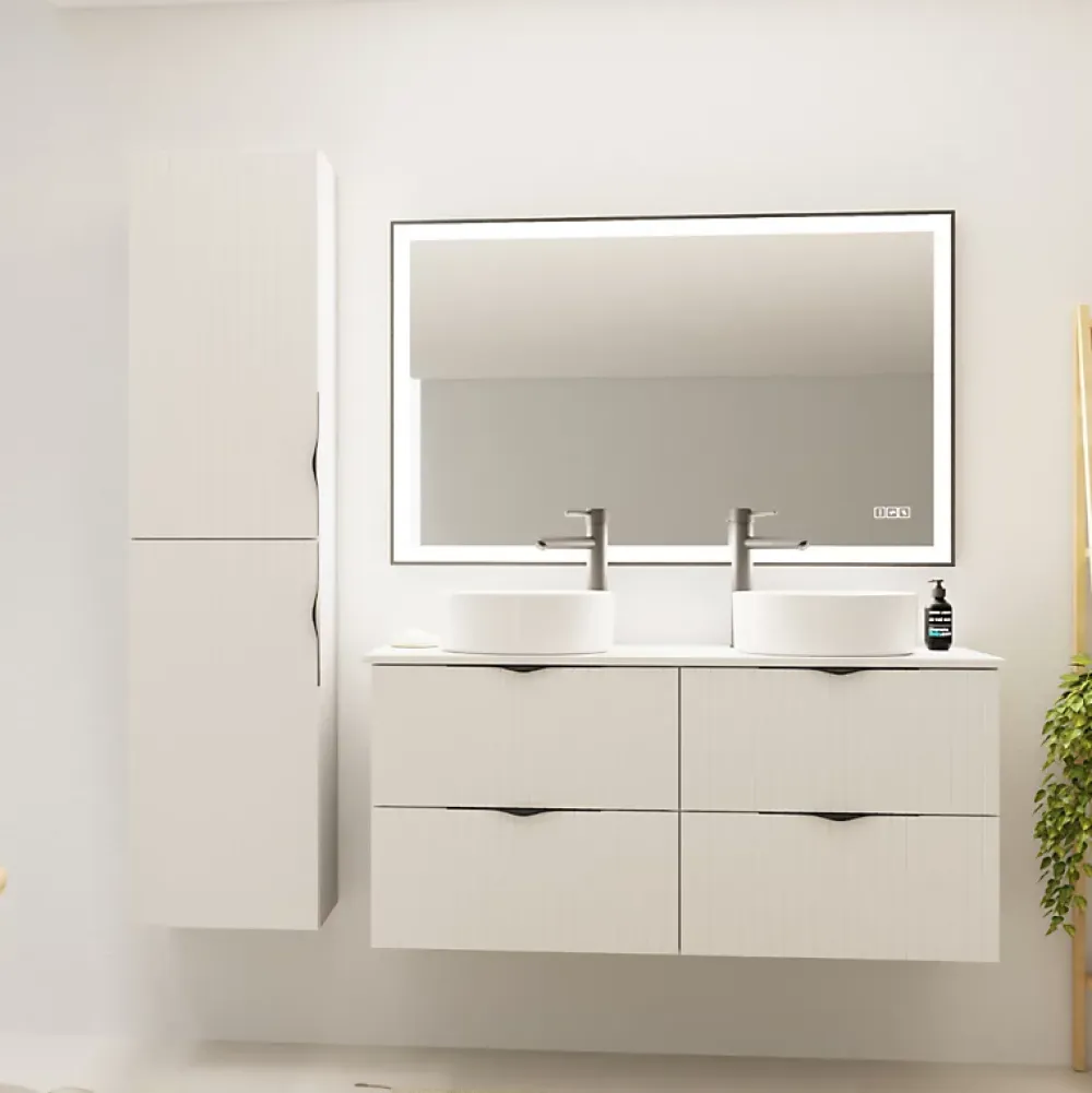 Planète Bain Meuble salle de bain strié 120 cm pour vasque à poser - Blanc mat - à suspendre - Tirso