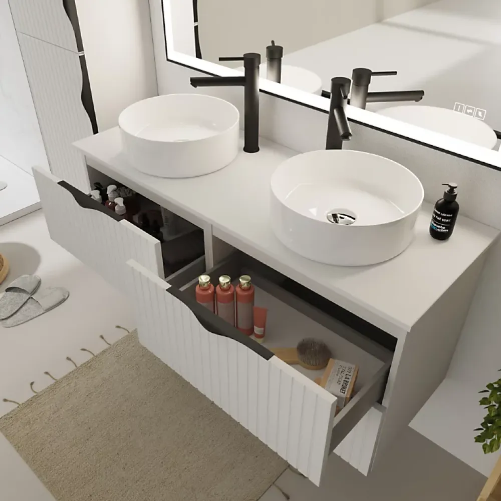 Planète Bain Meuble salle de bain strié 120 cm pour vasque à poser - Blanc mat - à suspendre - Tirso
