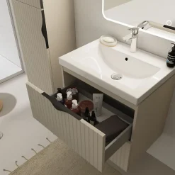 Meuble Vasque|Planète Bain Meuble salle de bain strié - 60 cm - avec plan vasque - Beige cachemire mat - à suspendre - Tirso