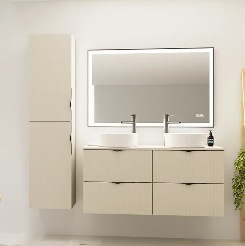 Planète Bain Meuble salle de bain strié 120 cm pour vasque à poser - Beige cachemire mat - à suspendre - Tirso