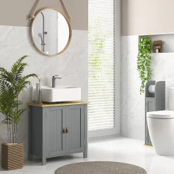 kleankin Meuble salle de bain sur pied - meuble sous-vasque - 2 portes, étagère - MDF panneaux aspect bois clair gris