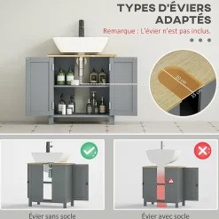 kleankin Meuble salle de bain sur pied - meuble sous-vasque - 2 portes, étagère - MDF panneaux aspect bois clair gris