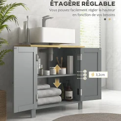 kleankin Meuble salle de bain sur pied - meuble sous-vasque - 2 portes, étagère - MDF panneaux aspect bois clair gris