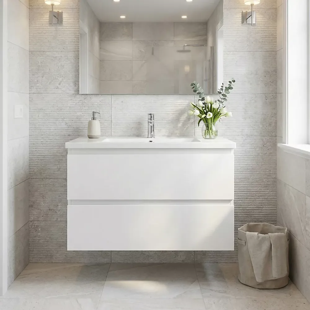 Swiss Aqua Technologies Meuble salle de bain suspendu 59 x 50 x 45 cm blanc brillant 2 tiroirs avec lavabo en marbre coulé SAT B-Way (BWAY260WU)