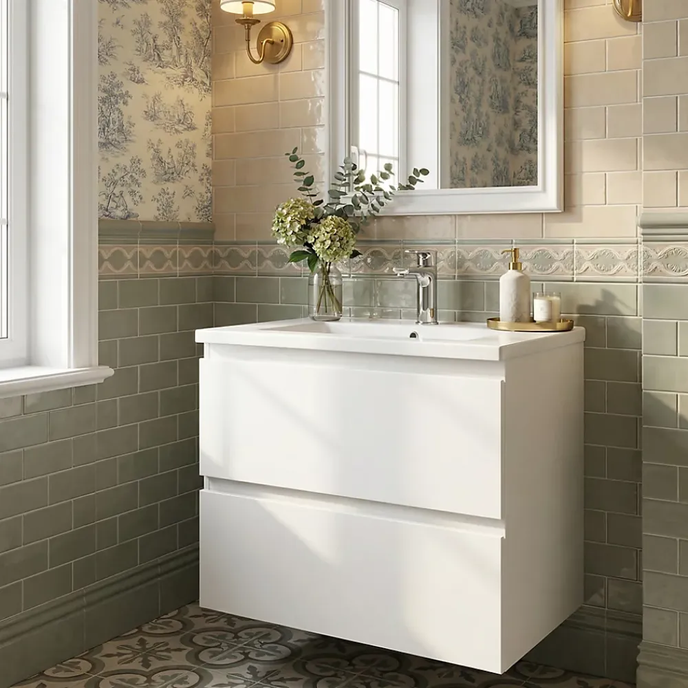 Swiss Aqua Technologies Meuble salle de bain suspendu 59 x 50 x 45 cm blanc brillant 2 tiroirs avec lavabo en marbre coulé SAT B-Way (BWAY260WU)