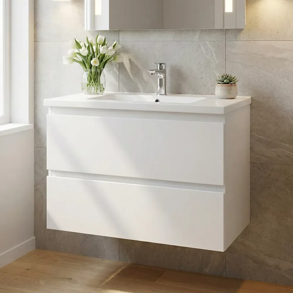 Swiss Aqua Technologies Meuble salle de bain suspendu 59 x 50 x 45 cm blanc brillant 2 tiroirs avec lavabo en marbre coulé SAT B-Way (BWAY260WU)