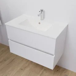 Meuble Vasque|Cuisibane Meuble salle de bain suspendu 80 cm ROSALY- Blanc- Plan vasque en Céramique