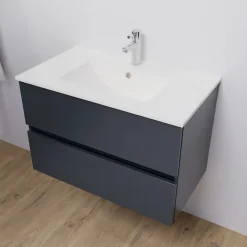 Meuble Vasque|Cuisibane Meuble salle de bain suspendu 80 cm ROSALY- Gris- Plan vasque en Céramique