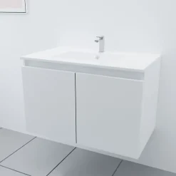 Meuble Vasque|Cuisibane Meuble salle de bain suspendu 80 cm PROLINE- Blanc- Plan vasque en Céramique