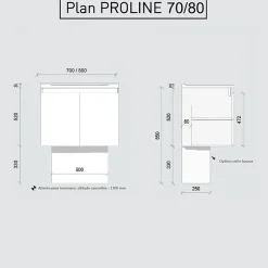 Meuble Vasque|Cuisibane Meuble salle de bain suspendu 80 cm PROLINE- Blanc- Plan vasque en Céramique